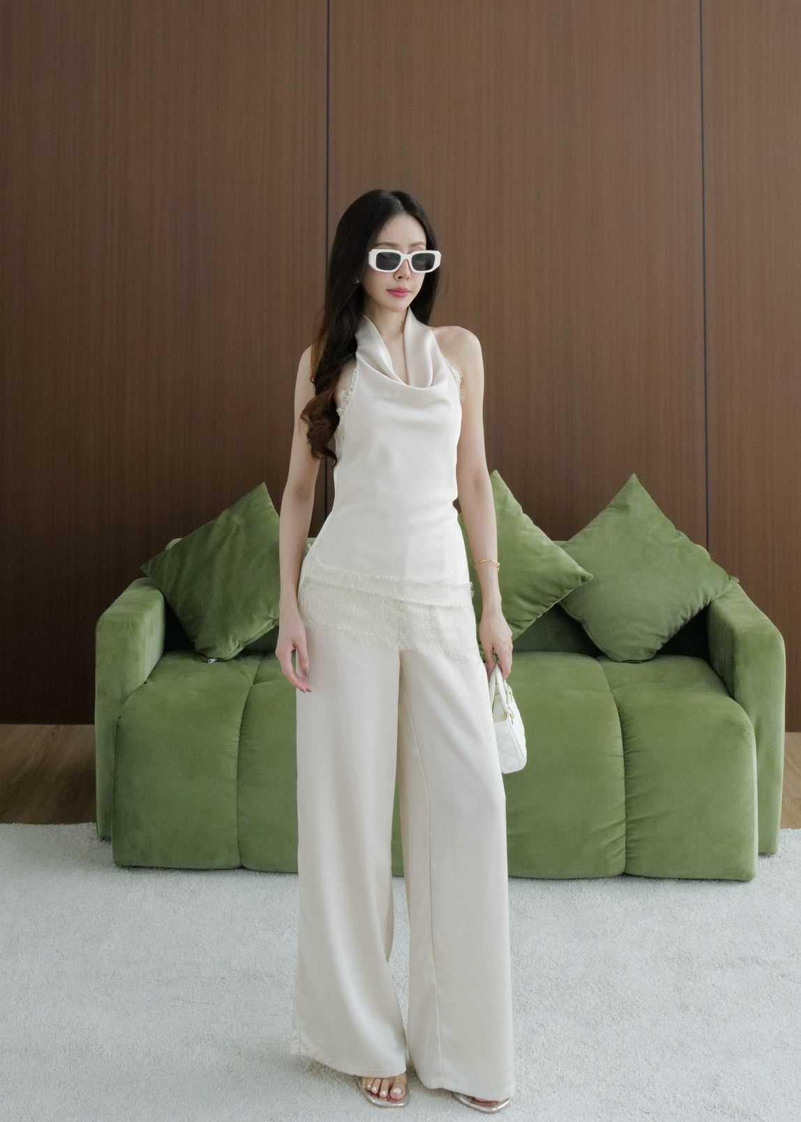 Cowl Neck Satin Set In Cream