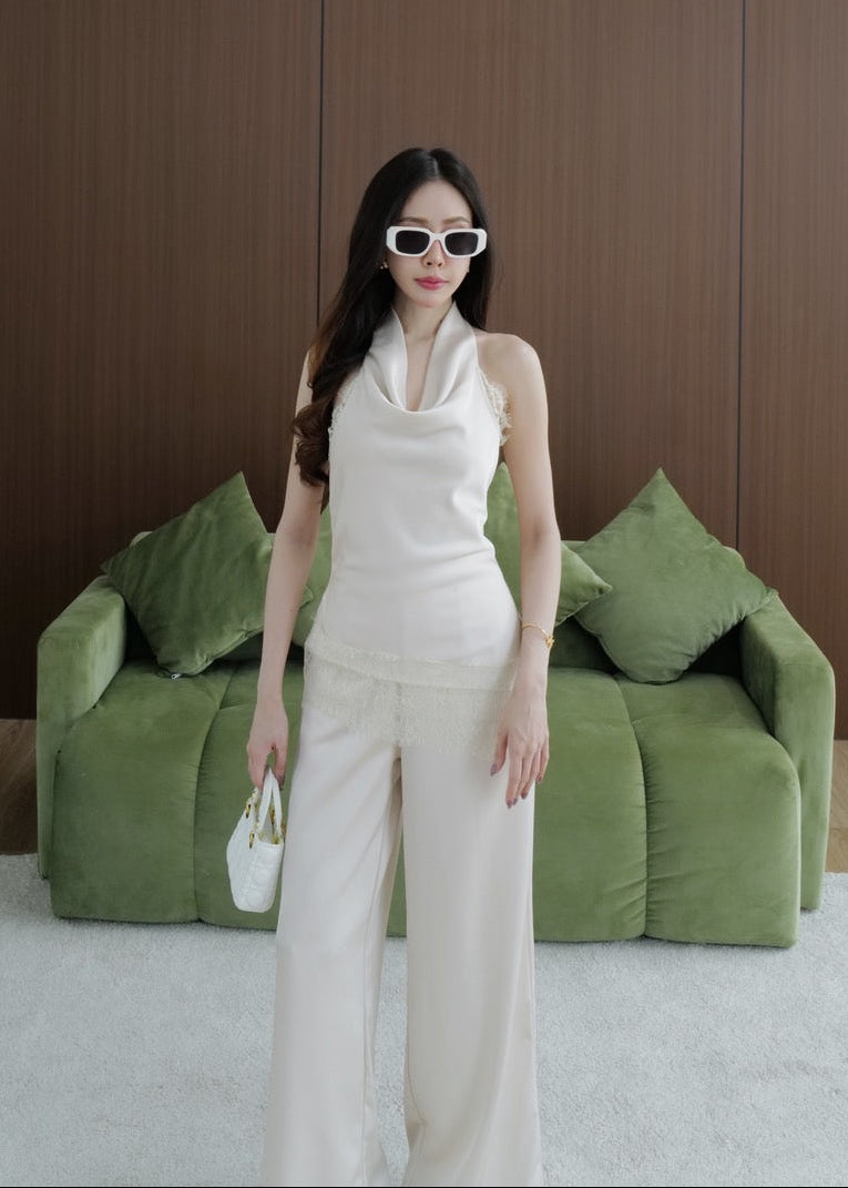 Cowl Neck Satin Set In Cream