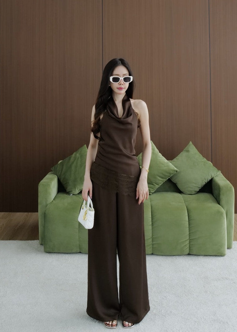 Cowl Neck Satin Set In Brown