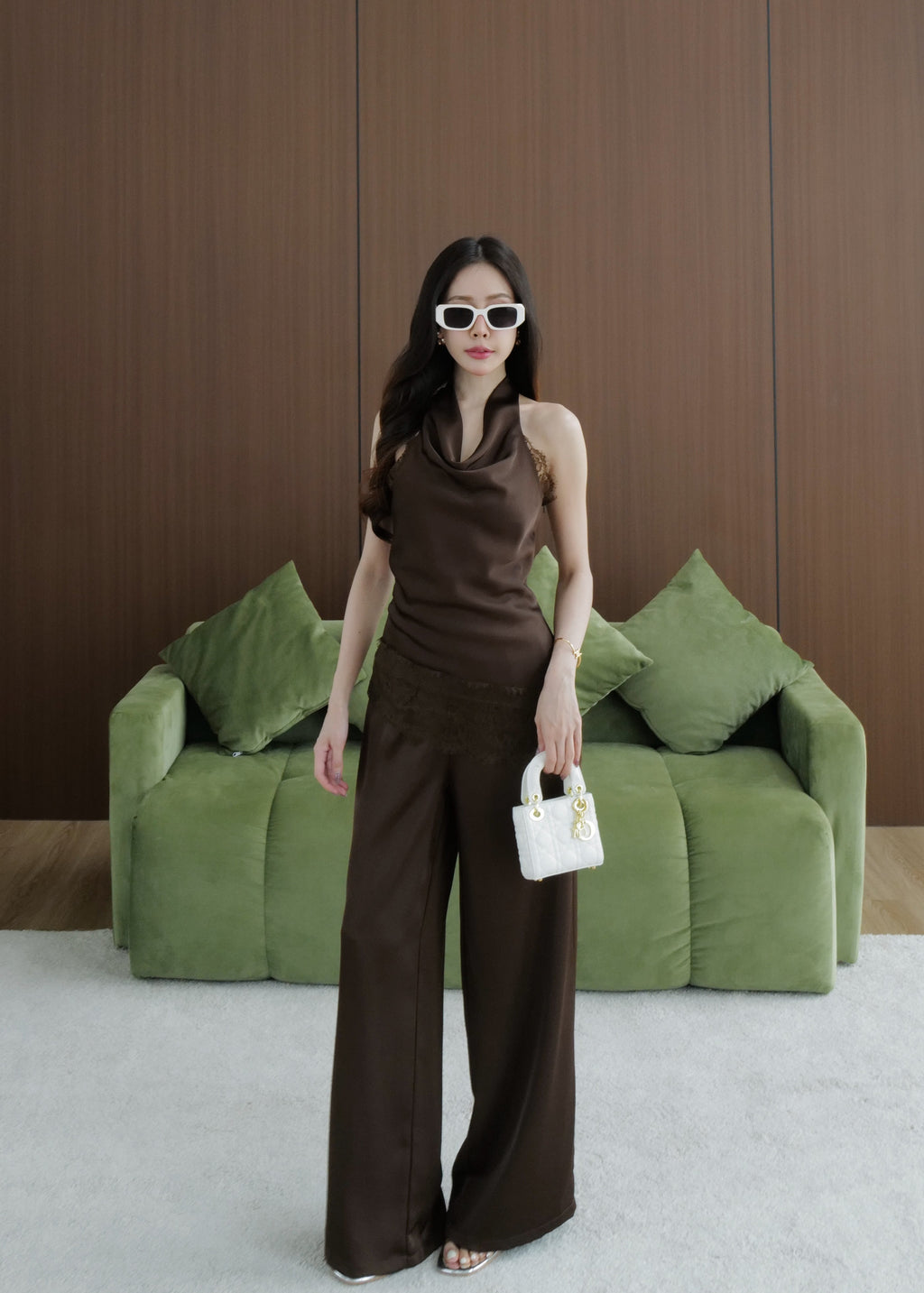 Cowl Neck Satin Set In Brown