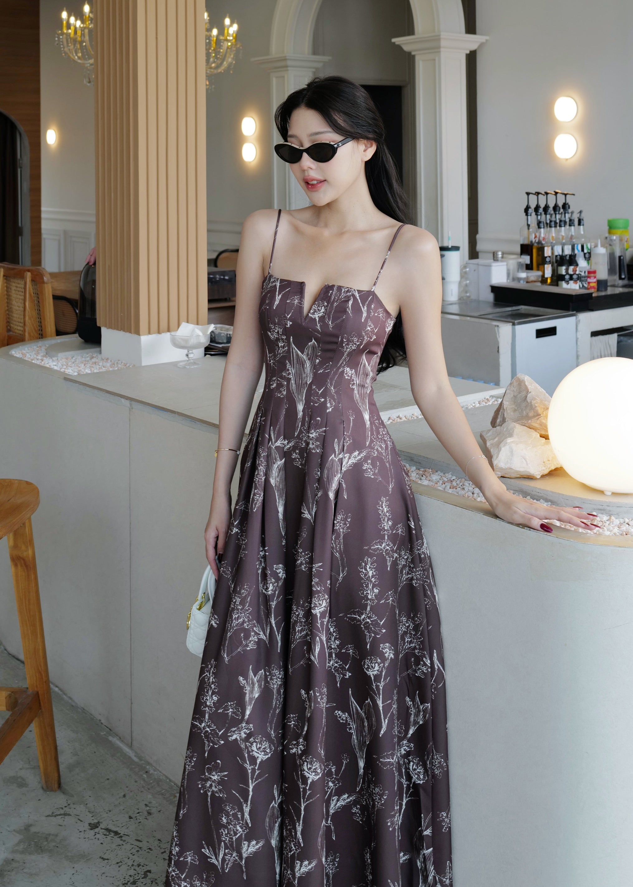 5072 Long Dress In Brown/ White Flower