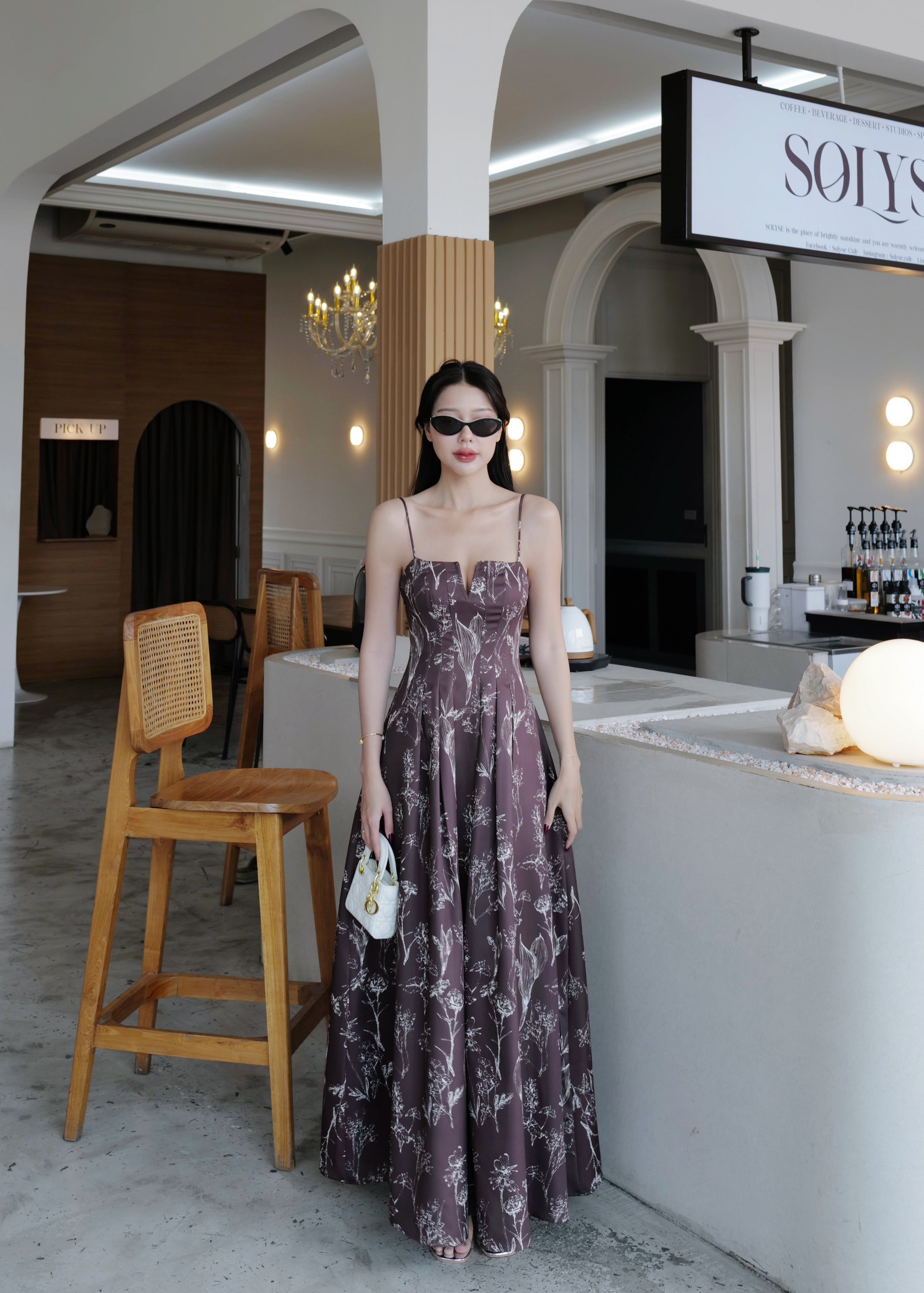 5072 Long Dress In Brown/ White Flower