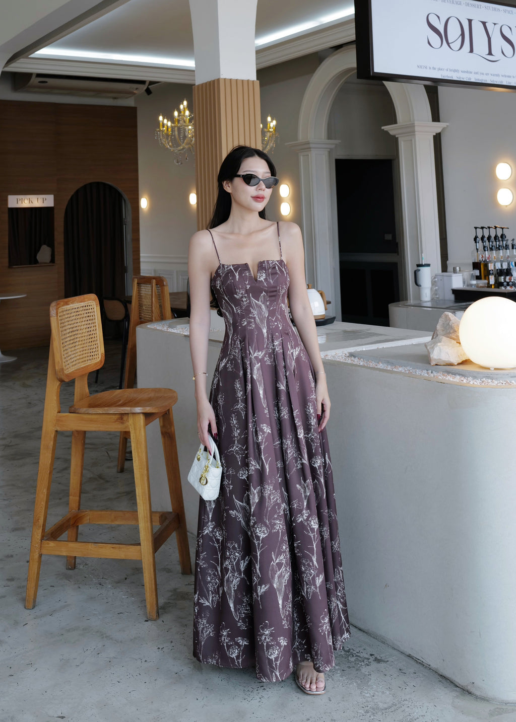 5072 Long Dress In Brown/ White Flower