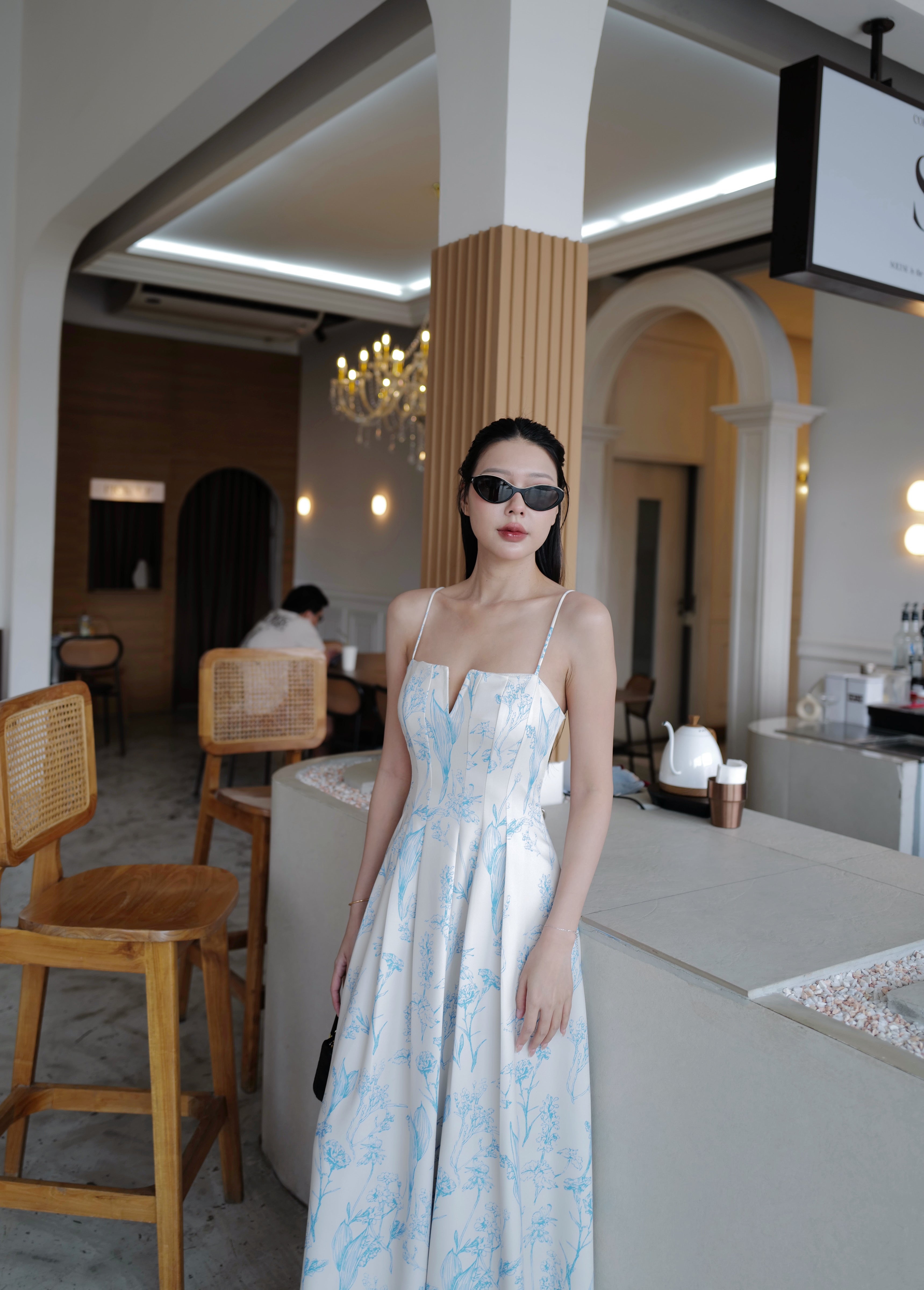 5072 Long Dress In Cream/ Blue Flower