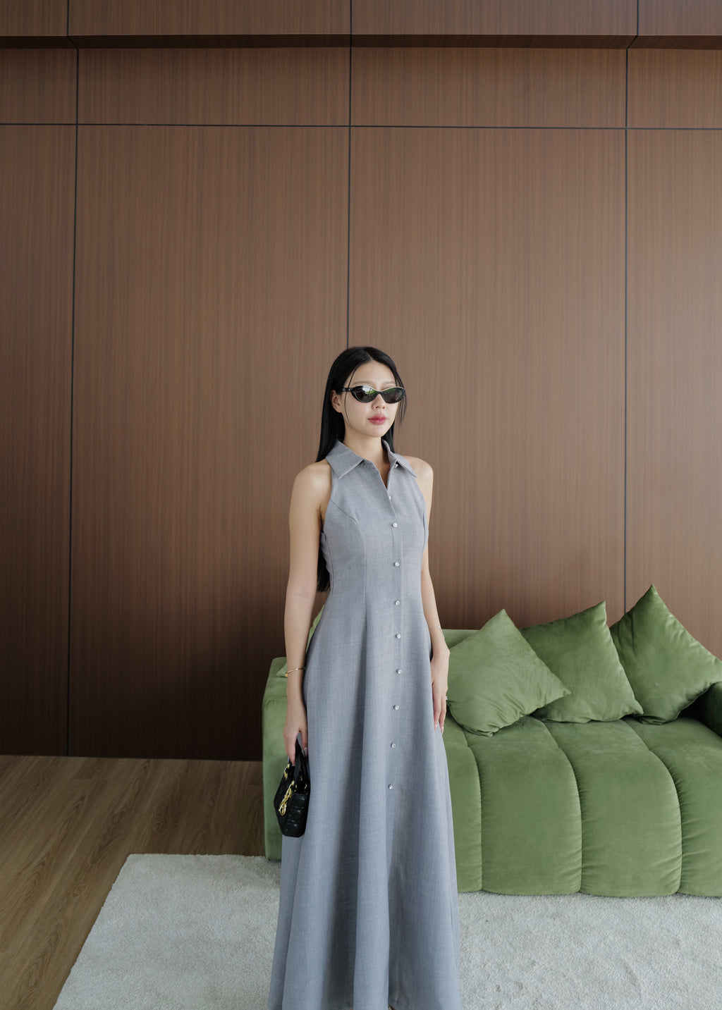 9887 Long Collared Sleeveless Dress In Grey