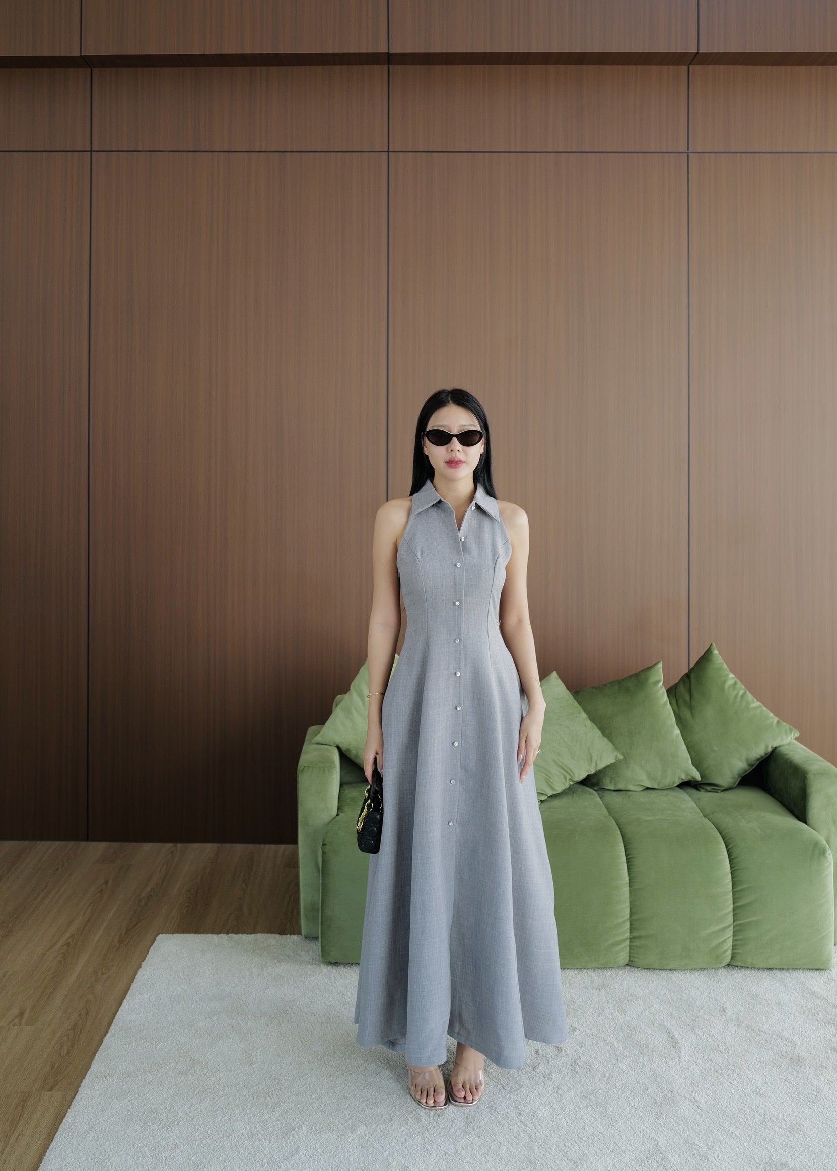 9887 Long Collared Sleeveless Dress In Grey