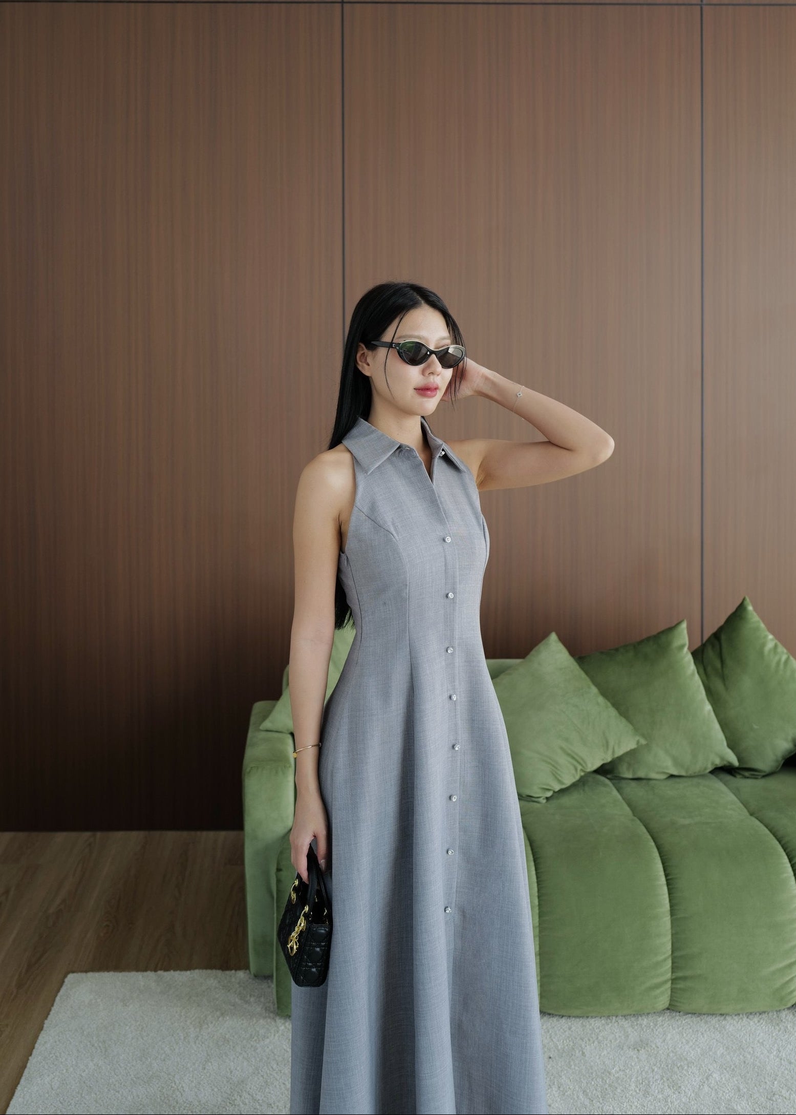 9887 Long Collared Sleeveless Dress In Grey