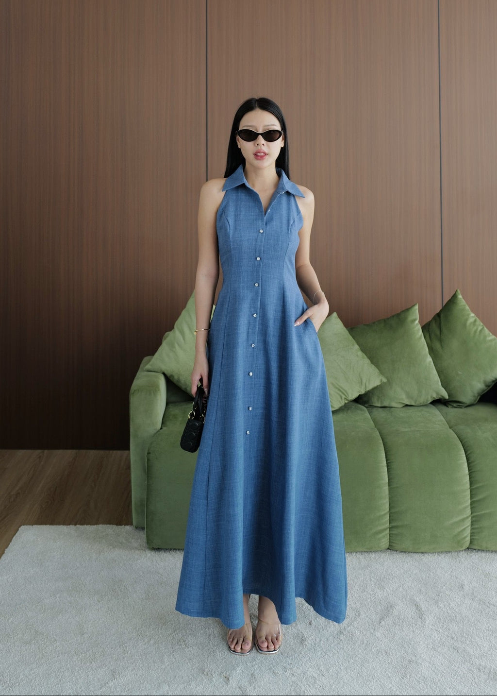9887 Long Collared Sleeveless Dress In Blue