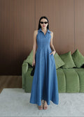 9887 Long Collared Sleeveless Dress In Blue
