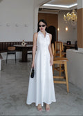 9887 Long Collared Sleeveless Dress In White