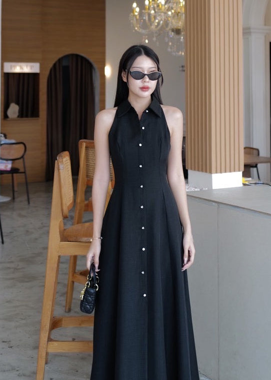 9887 Long Collared Sleeveless Dress In Black