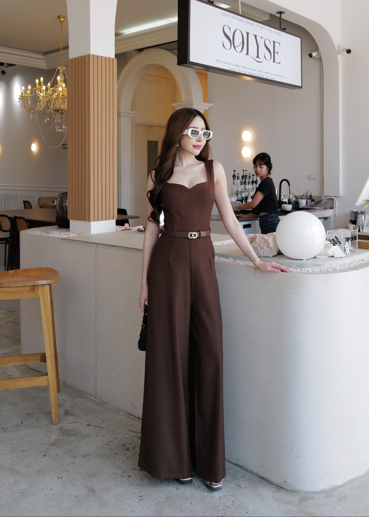 9811 Sweetheart Neckline Jumpsuit In Brown