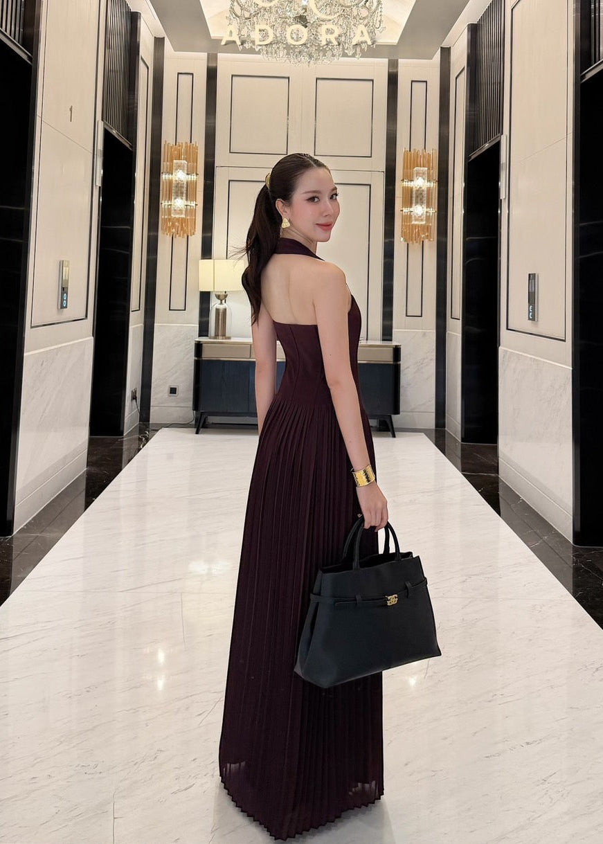 ADR Halter Neck Pleated Dress In Maroon