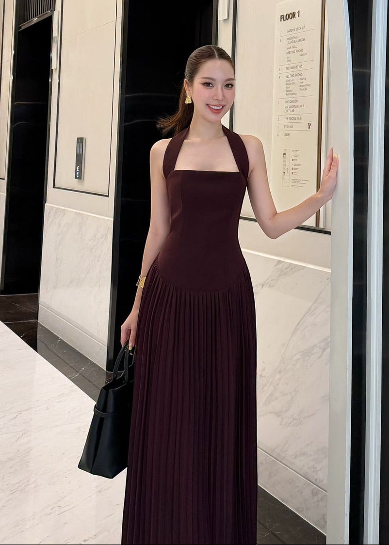 ADR Halter Neck Pleated Dress In Maroon