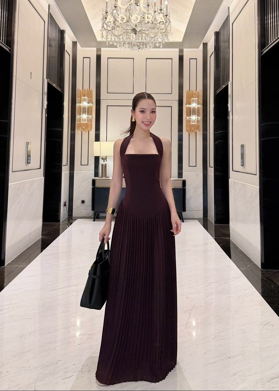 ADR Halter Neck Pleated Dress In Maroon