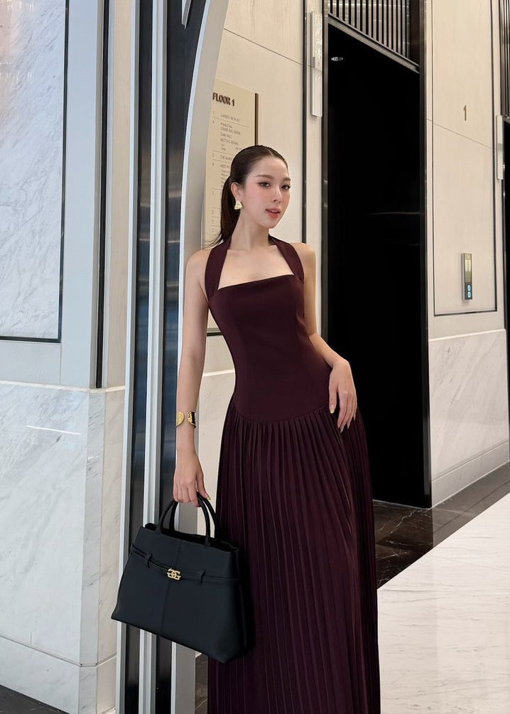 ADR Halter Neck Pleated Dress In Maroon