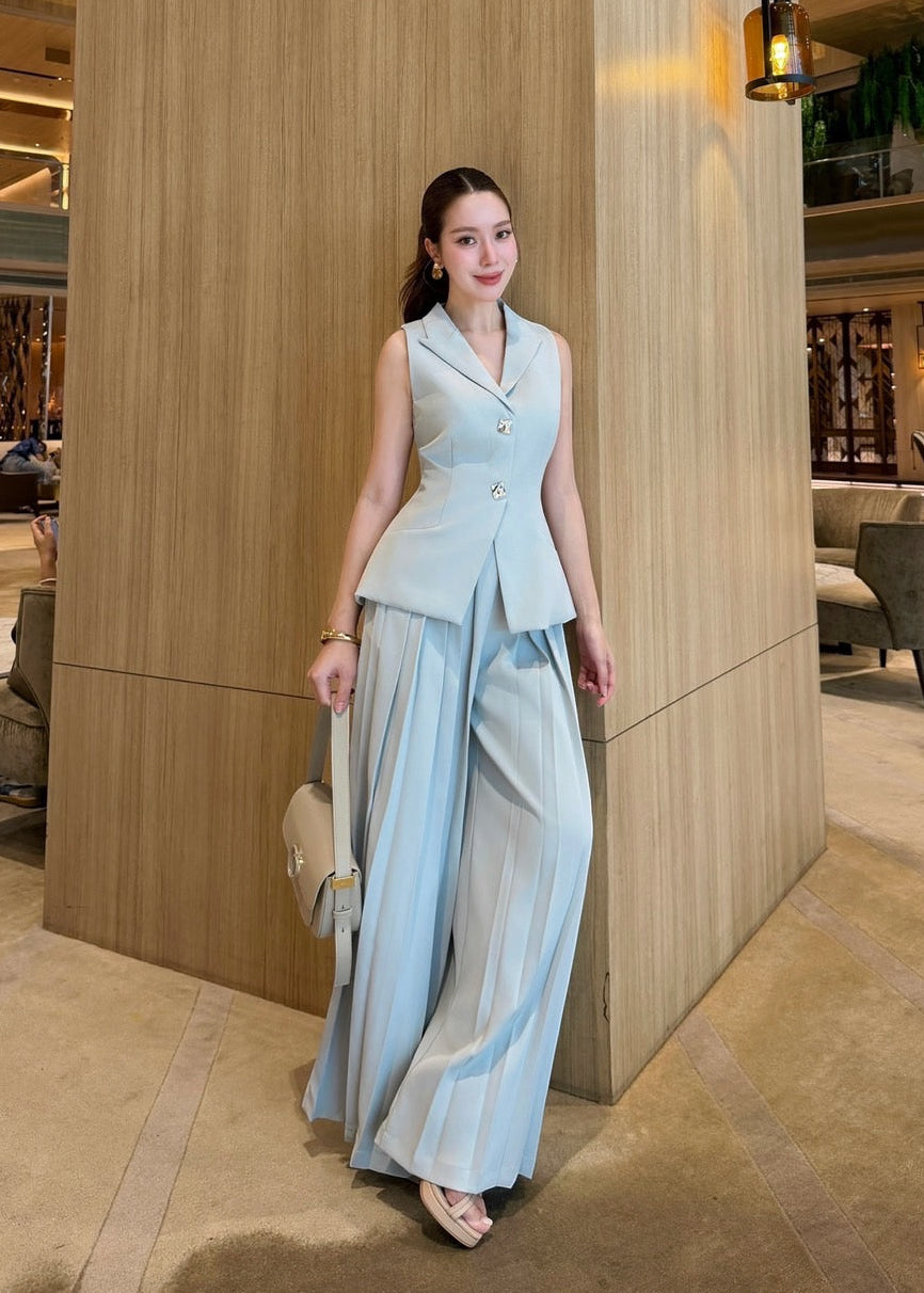 ADR Sleeveless V Neck Top With Pleated Pant Set In Blue