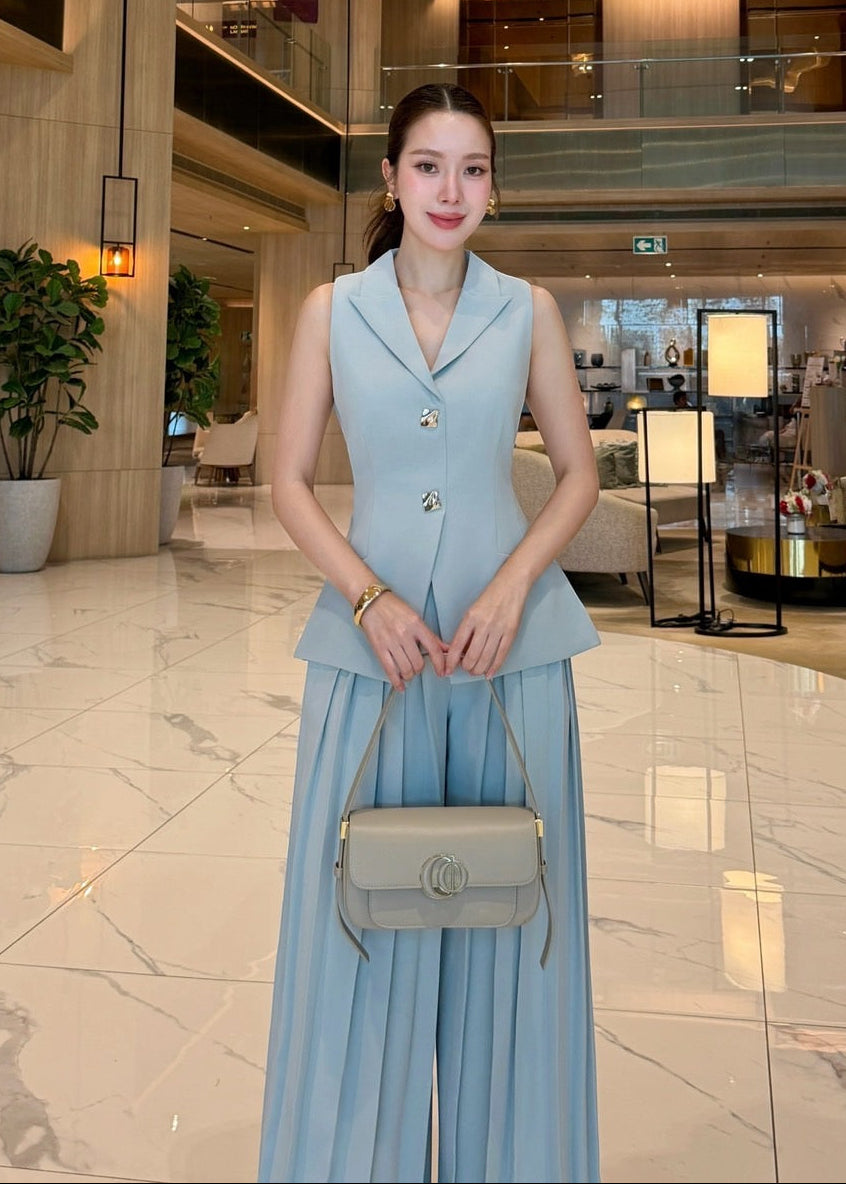 ADR Sleeveless V Neck Top With Pleated Pant Set In Blue
