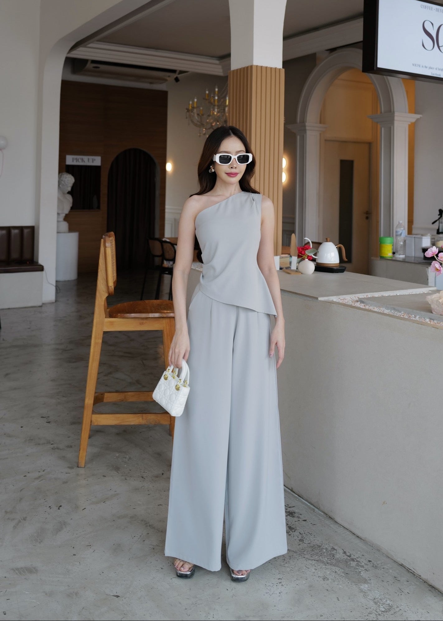 5178 One Shoulder Top Set In Grey