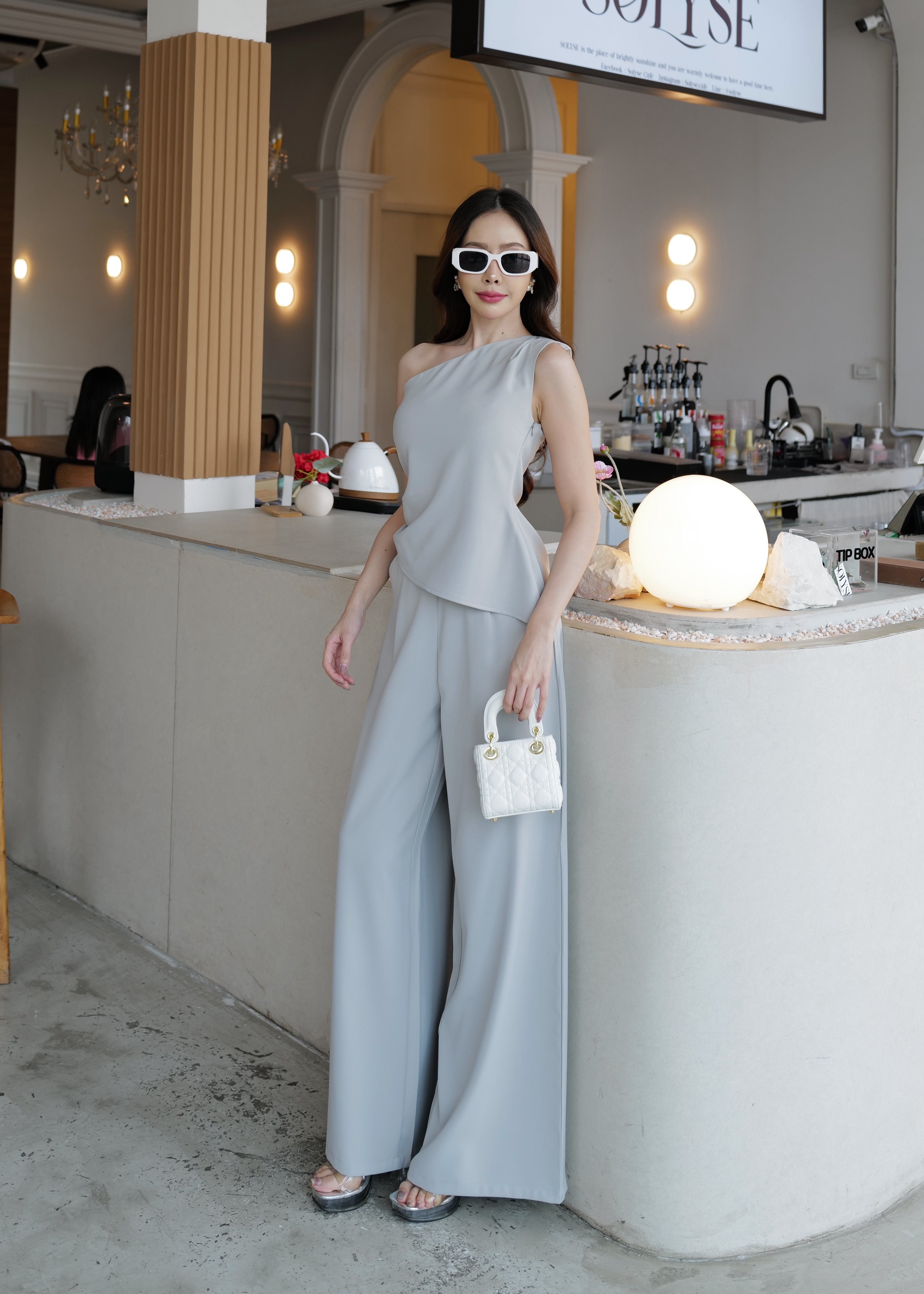 5178 One Shoulder Top Set In Grey