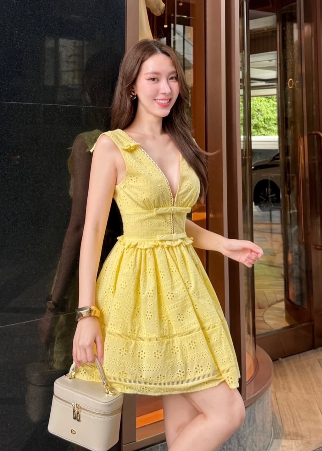 SM Lemon Eyelet Bow Mini Dress