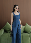 5694 Square Neckline Denim Top Set In Dark Blue