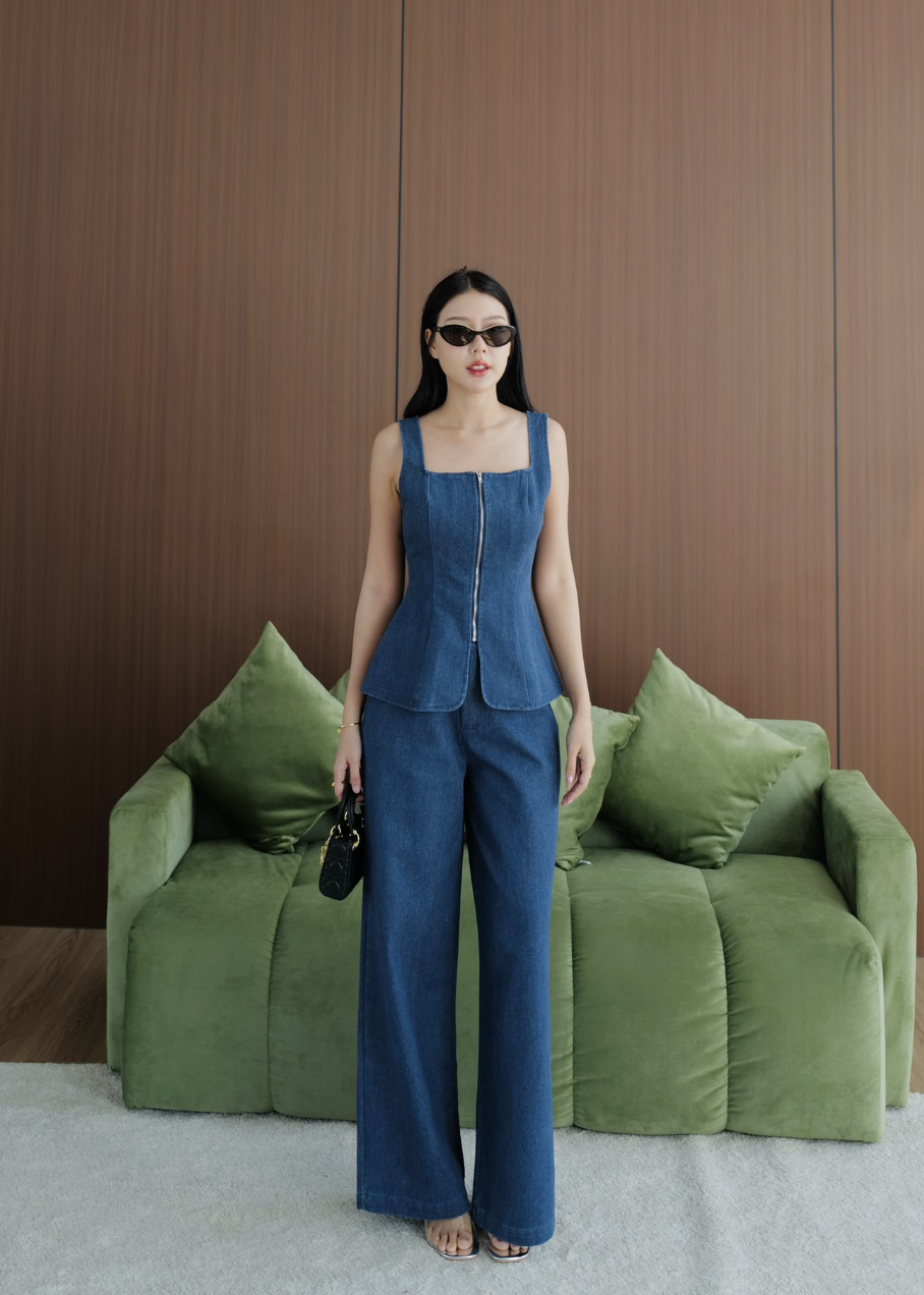 5694 Square Neckline Denim Top Set In Dark Blue