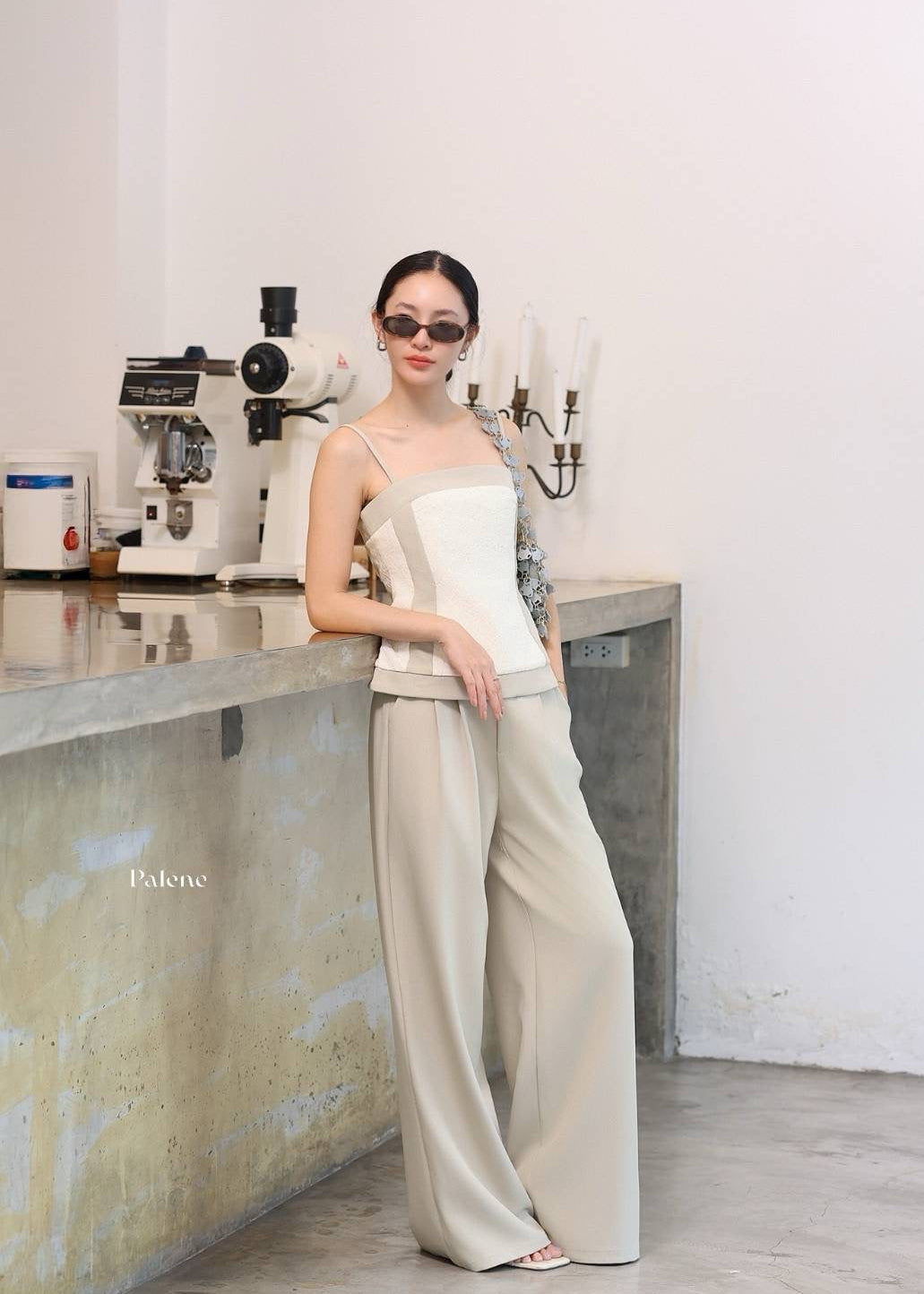 PLN Lace Trim Camisole Set In Beige