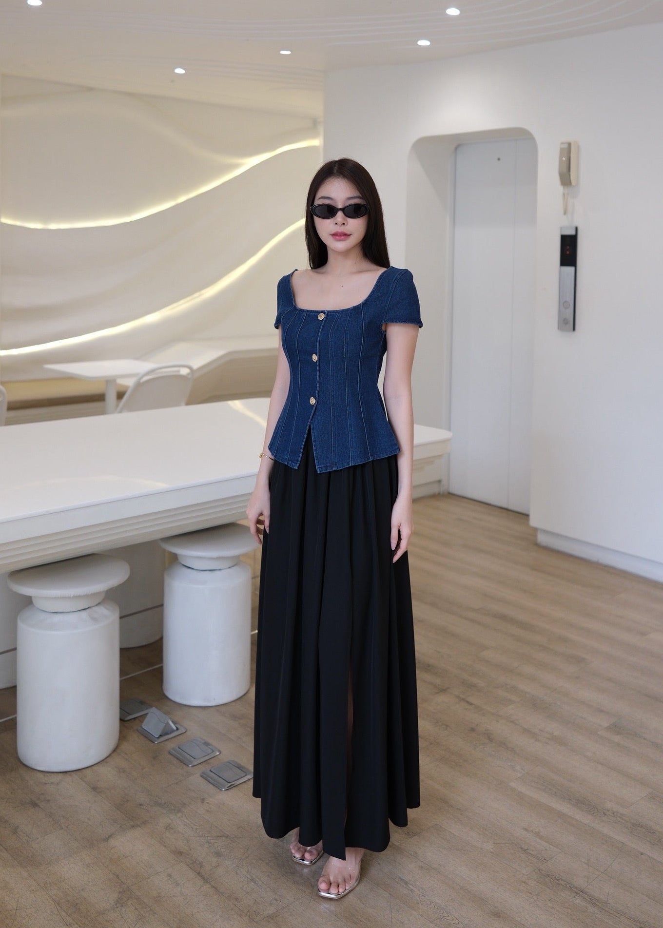 5710 Poisy Set ( Dark Denim Top & Black Skirt )