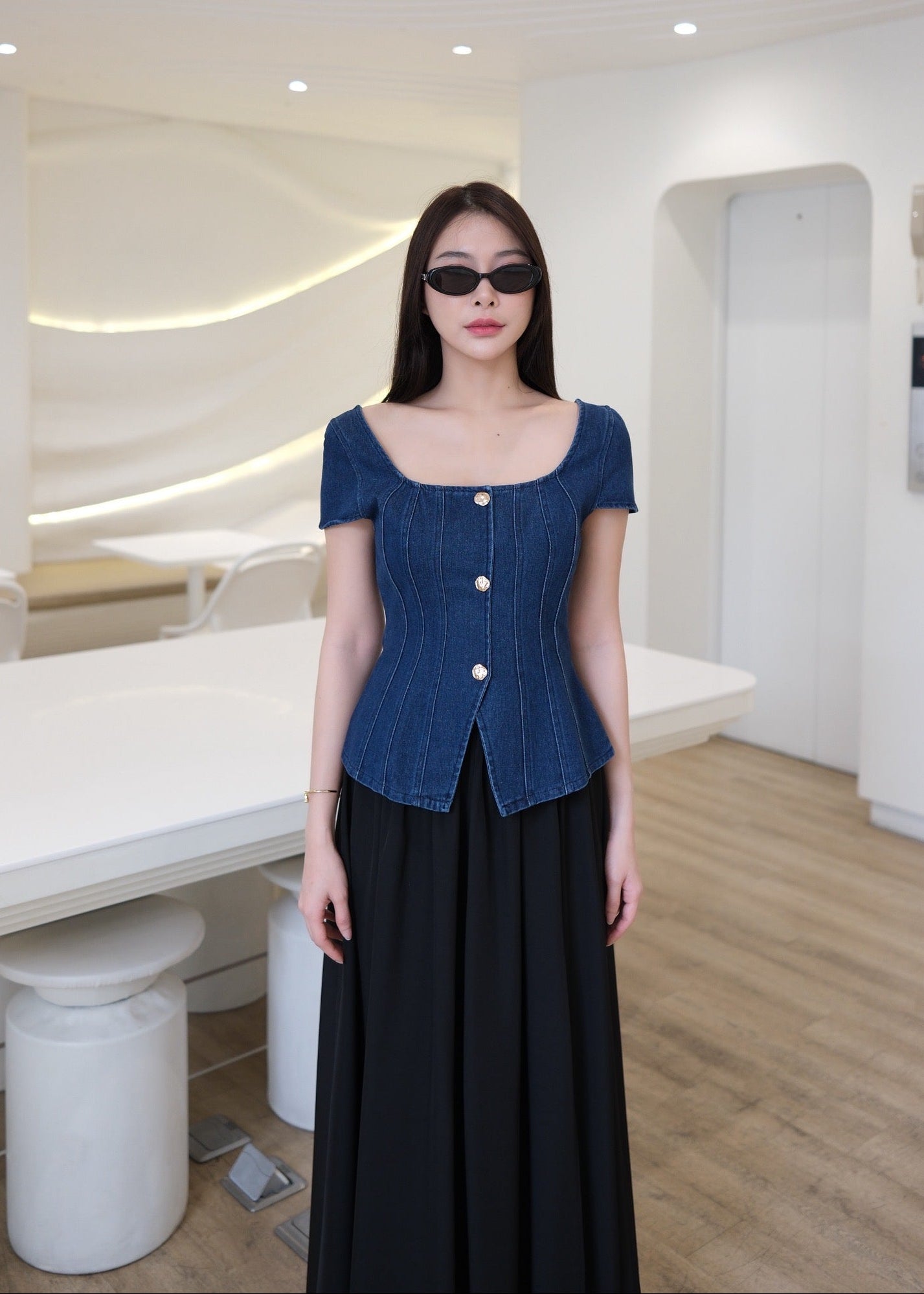 5710 Poisy Set ( Dark Denim Top & Black Skirt )