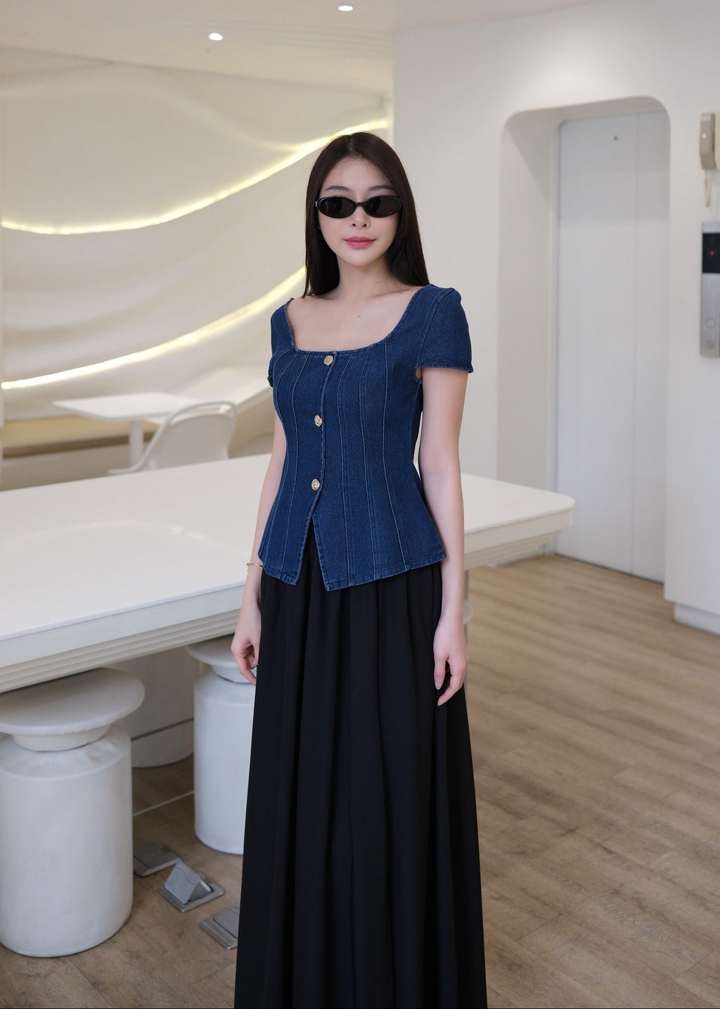 5710 Poisy Set ( Dark Denim Top & Black Skirt )