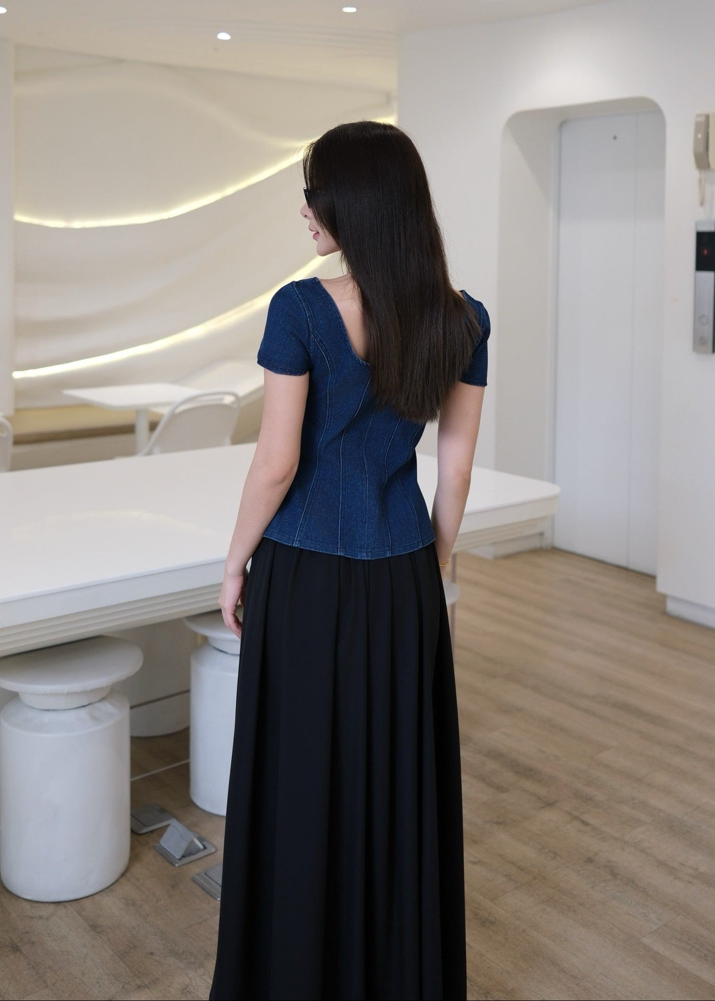 5710 Poisy Set ( Dark Denim Top & Black Skirt )