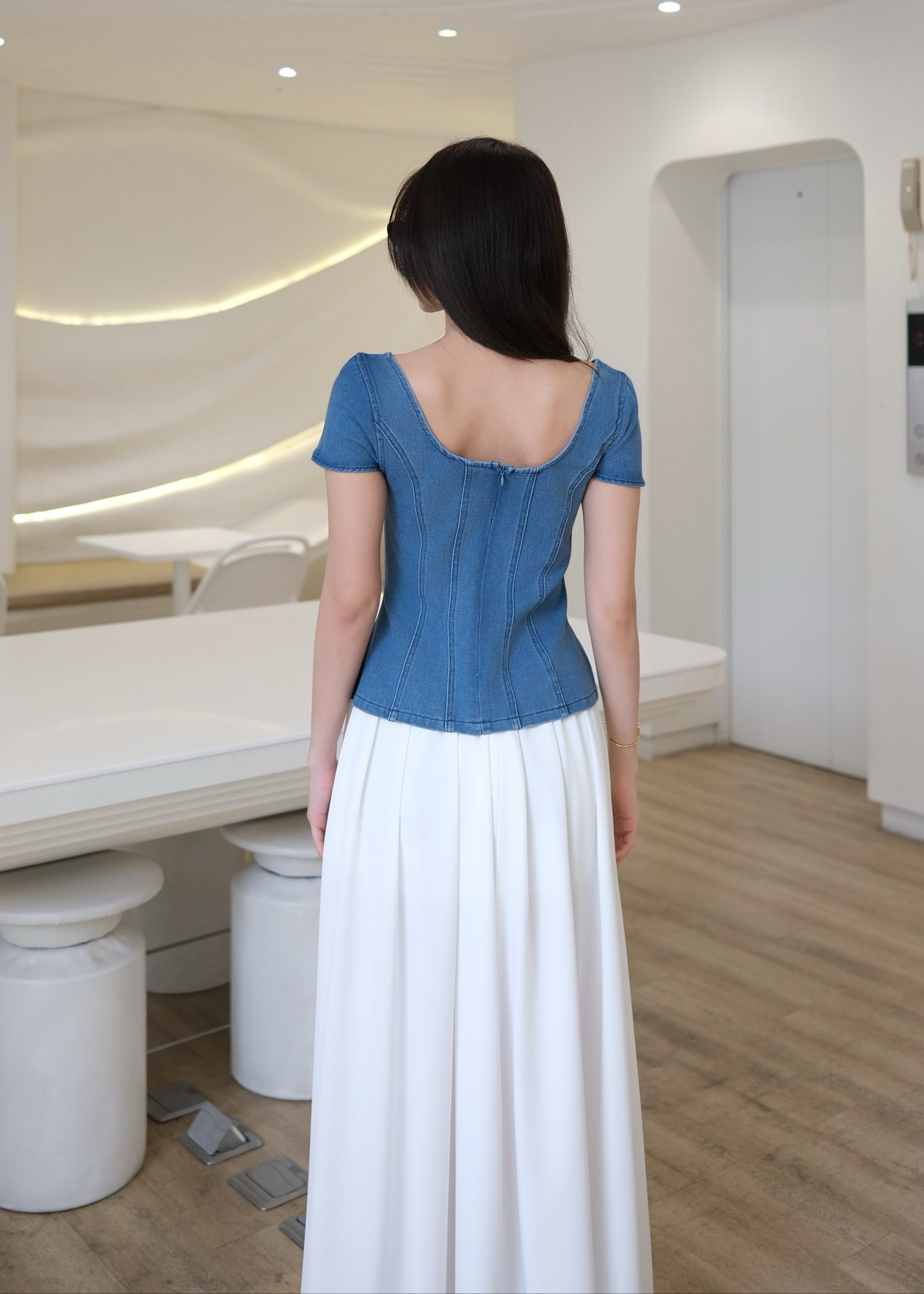 5710 Poisy Set ( Light Blue Denim Top & White Skirt )