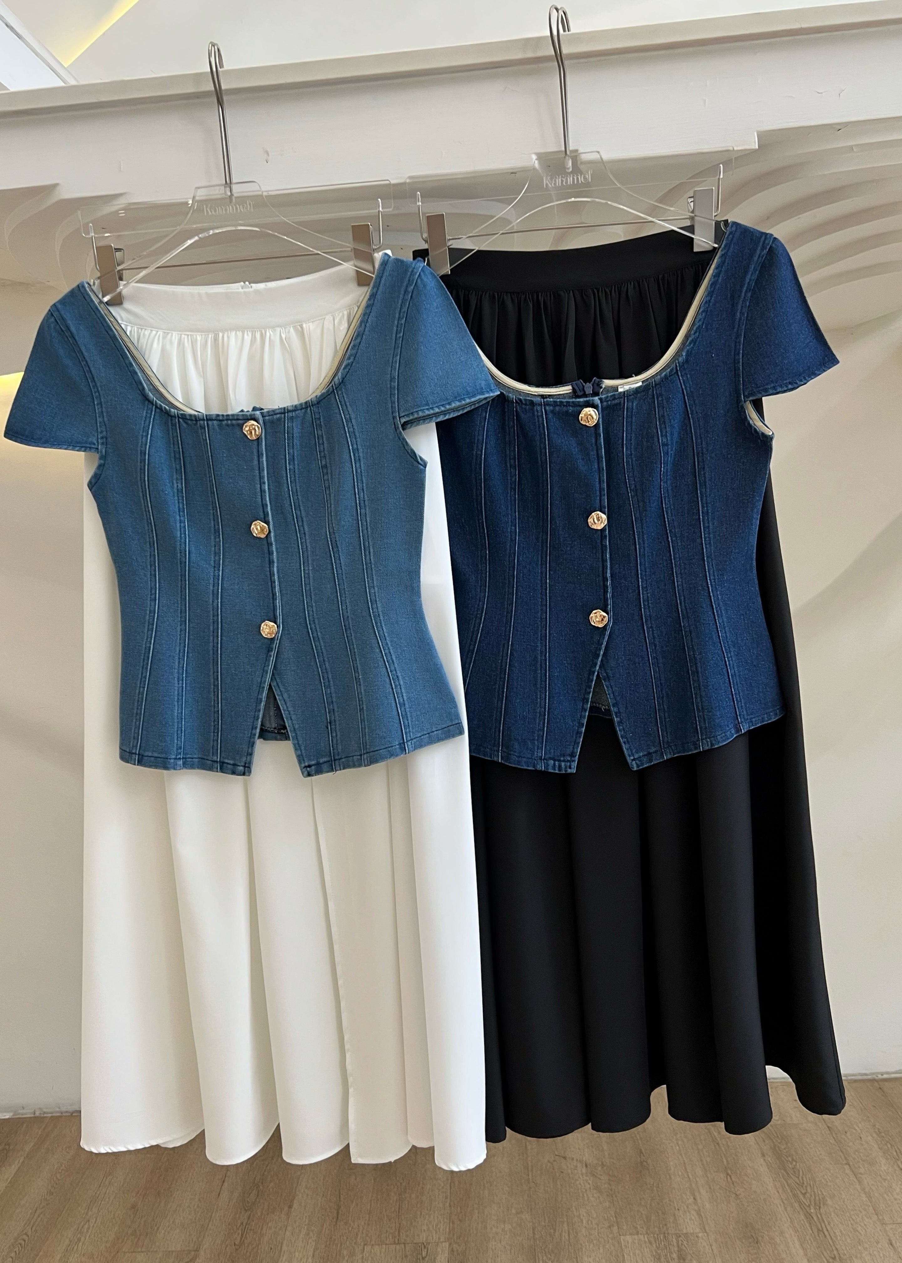 5710 Poisy Set ( Light Blue Denim Top & White Skirt )