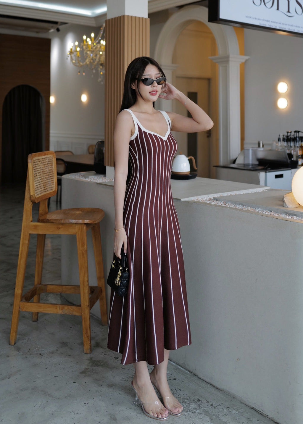 ITO 6808 Knit Dress In Maroon (White Stripe)