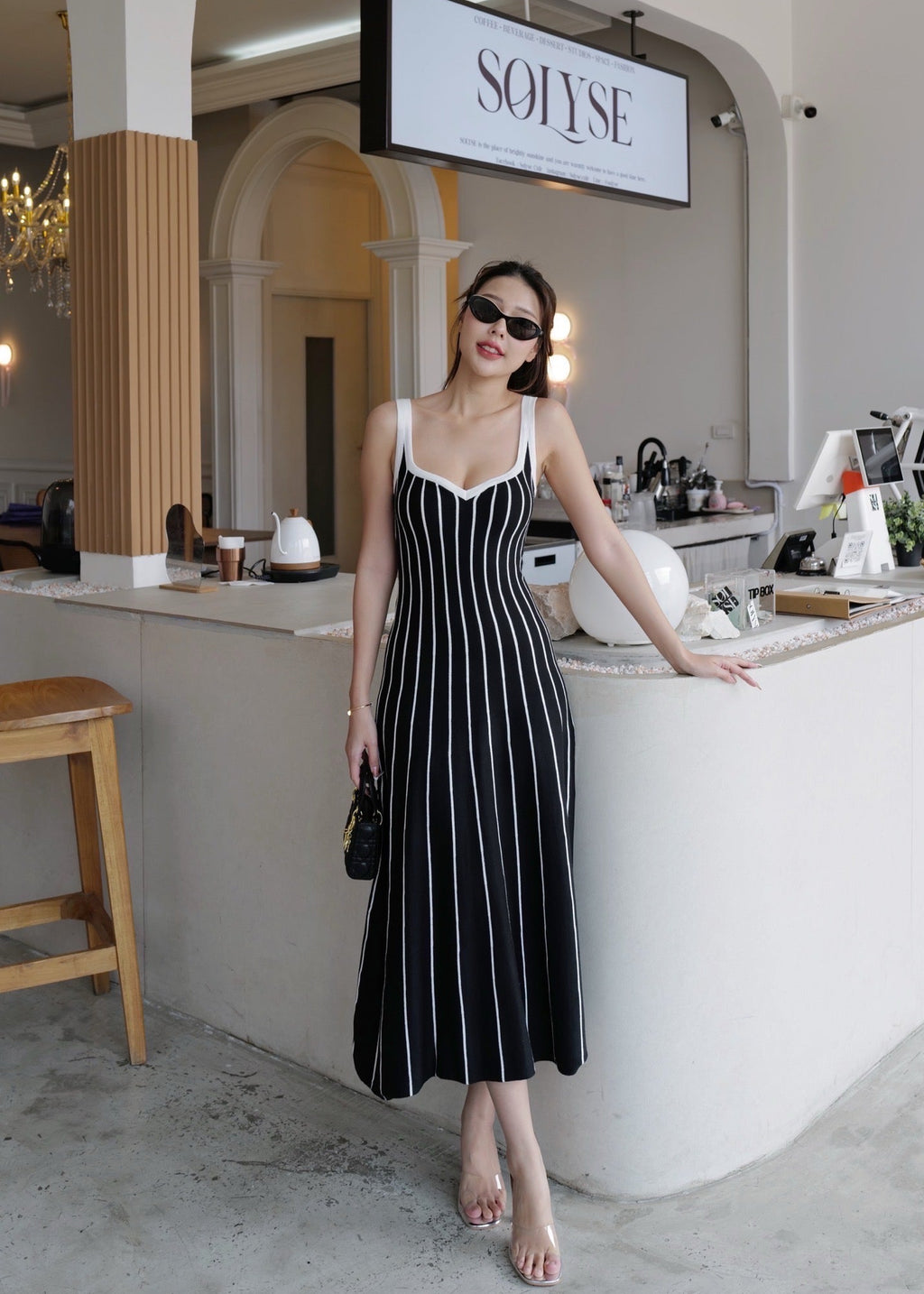 ITO 6808 Knit Dress In Black (White Stripe)