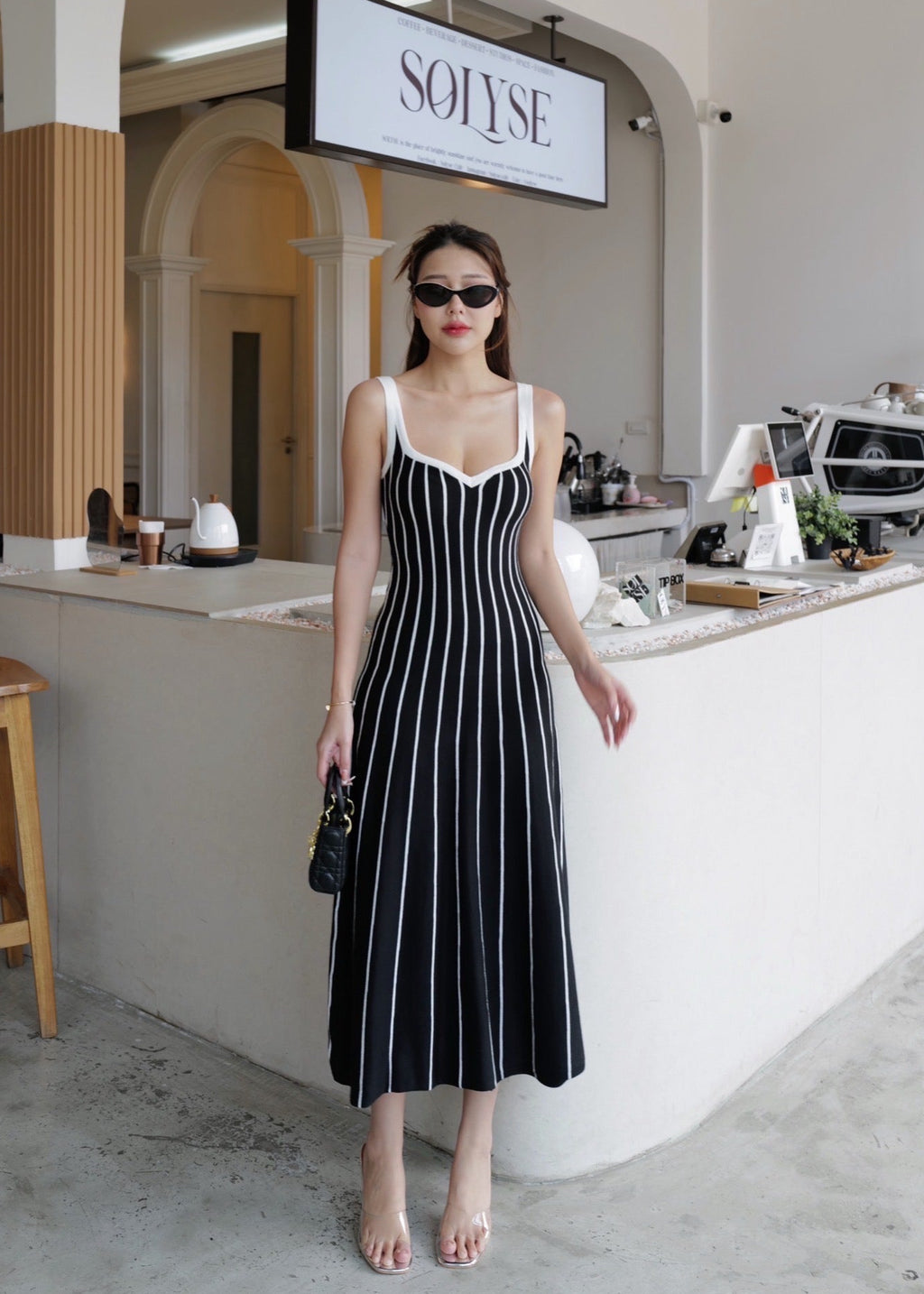 ITO 6808 Knit Dress In Black (White Stripe)