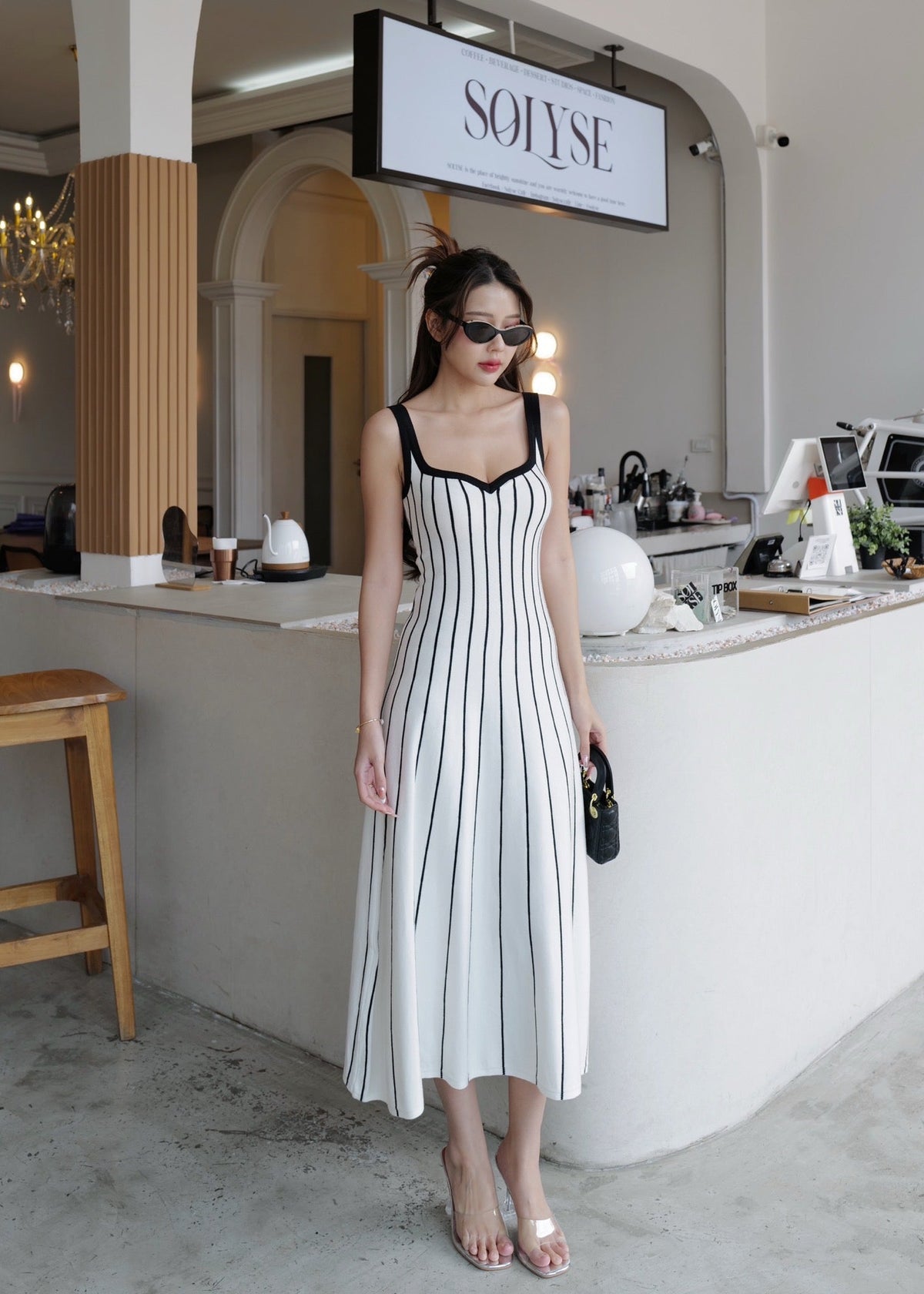 ITO 6808 Knit Dress In Black (White Stripe)