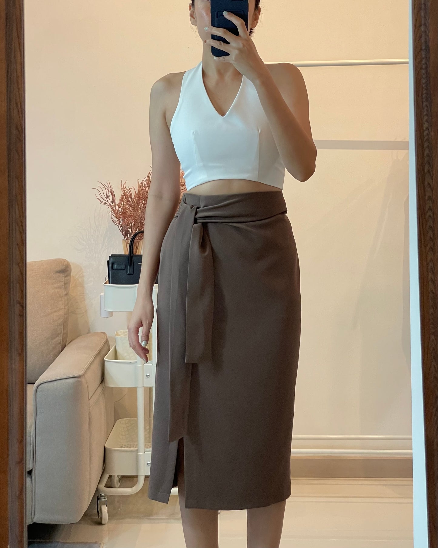 RACHEL TIE SASH SKIRT IN BROWN